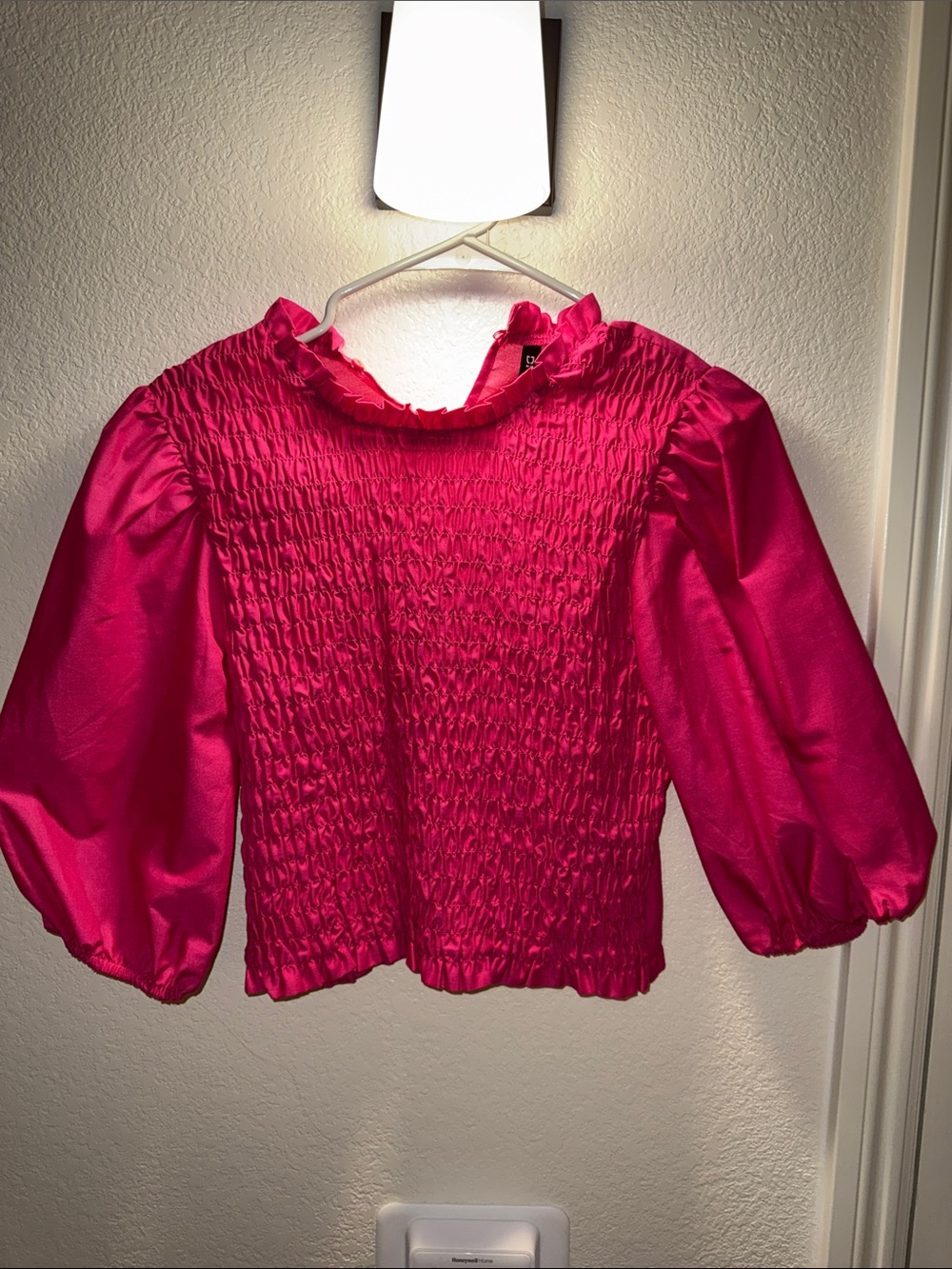 H&M Bright Hot Pink Smocked Puff-Sleeve Blouse